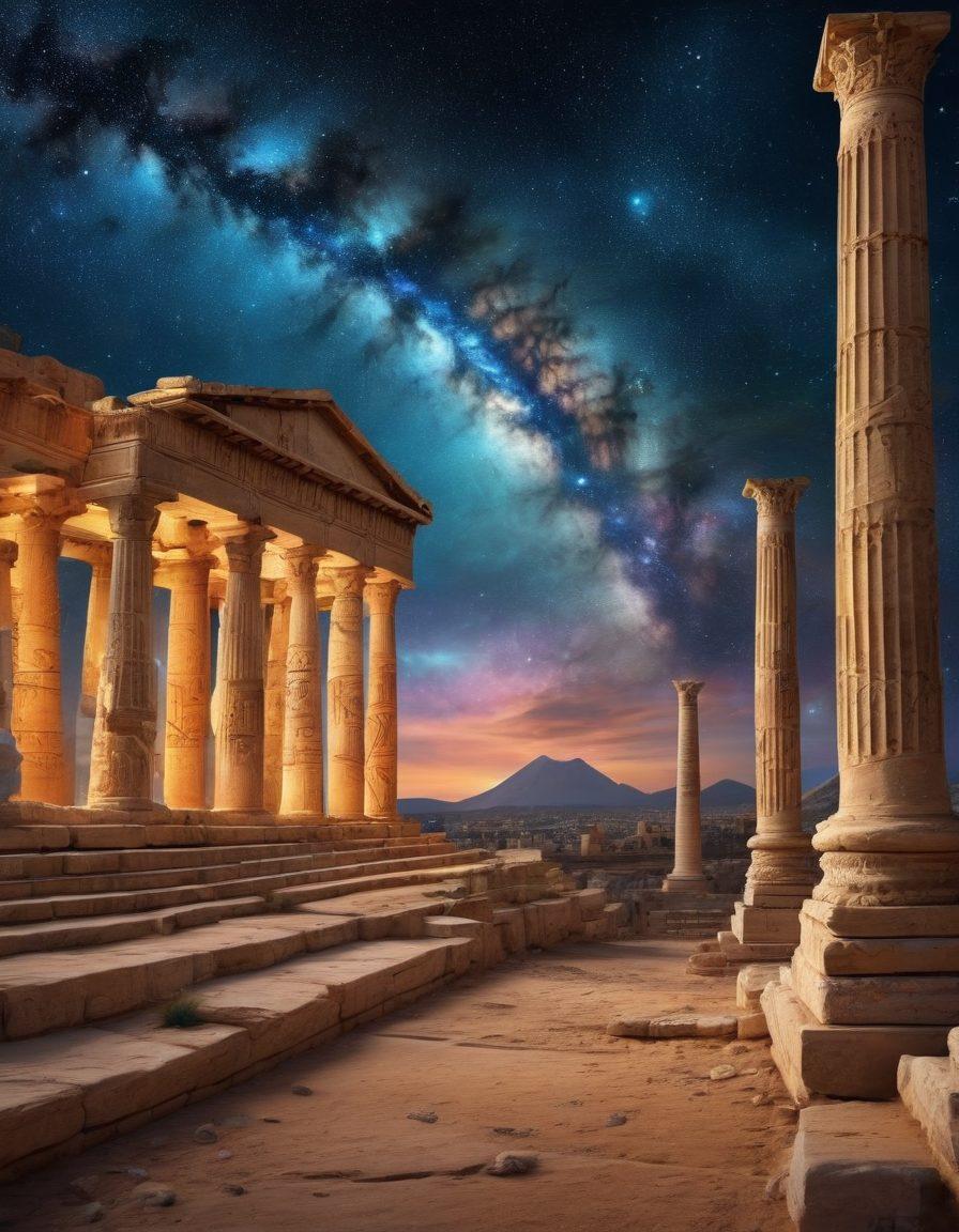 An artistic representation of a vibrant timeline stretching from ancient civilizations with iconic landmarks like pyramids and Greek columns, transitioning through historical events depicted in scrolls, to modern narratives illustrated by books and digital devices. The background features a cosmic sky intertwining ancient and modern elements, symbolizing the continuity of history. Create an immersive scene that captures the essence of storytelling throughout the ages. super-realistic. vibrant colors. 3D.