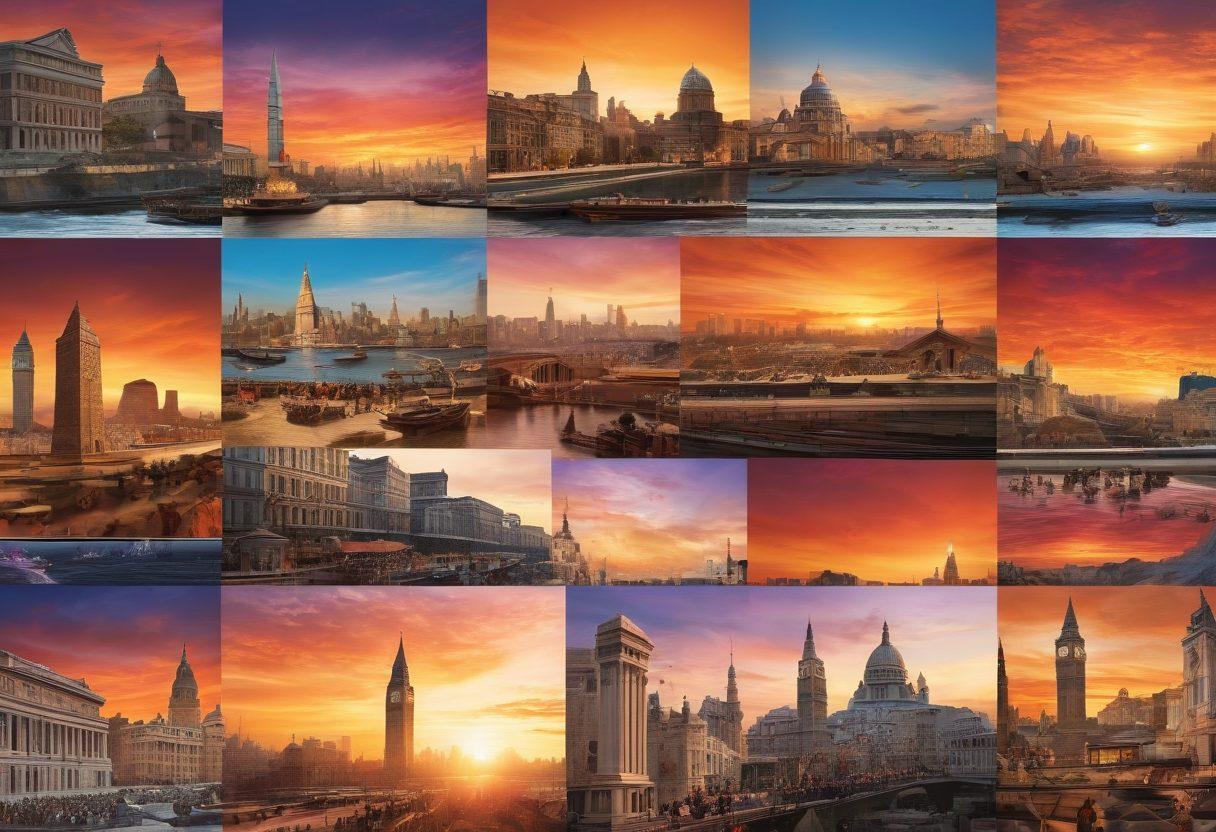 A vivid collage of historical landmarks representing different significant events, merging seamlessly into a timeline that flows through a bustling modern city. Each event is illustrated with symbolic elements, such as ancient scrolls, newspapers, and diverse people reflecting cultural impacts. The backdrop features a vibrant sunset sky, emphasizing the passage of time. super-realistic. vibrant colors. 3D.