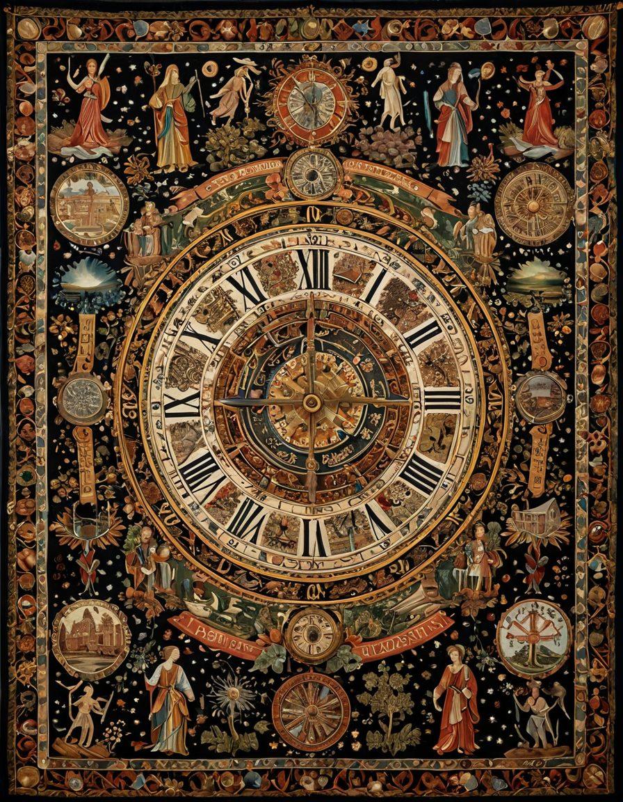 A beautifully woven tapestry depicting various significant historical events and timelines, with intricate details representing diverse cultures and eras. The tapestry unfurls into a flowing ribbon, leading the viewer's eye through history with vibrant colors highlighting pivotal moments. Surrounding the tapestry, subtle symbols of time, such as hourglasses and clocks, suggest the passage of time and its impact on history. The overall ambiance should convey a sense of wonder and exploration. super-realistic. vibrant colors. detailed texture.